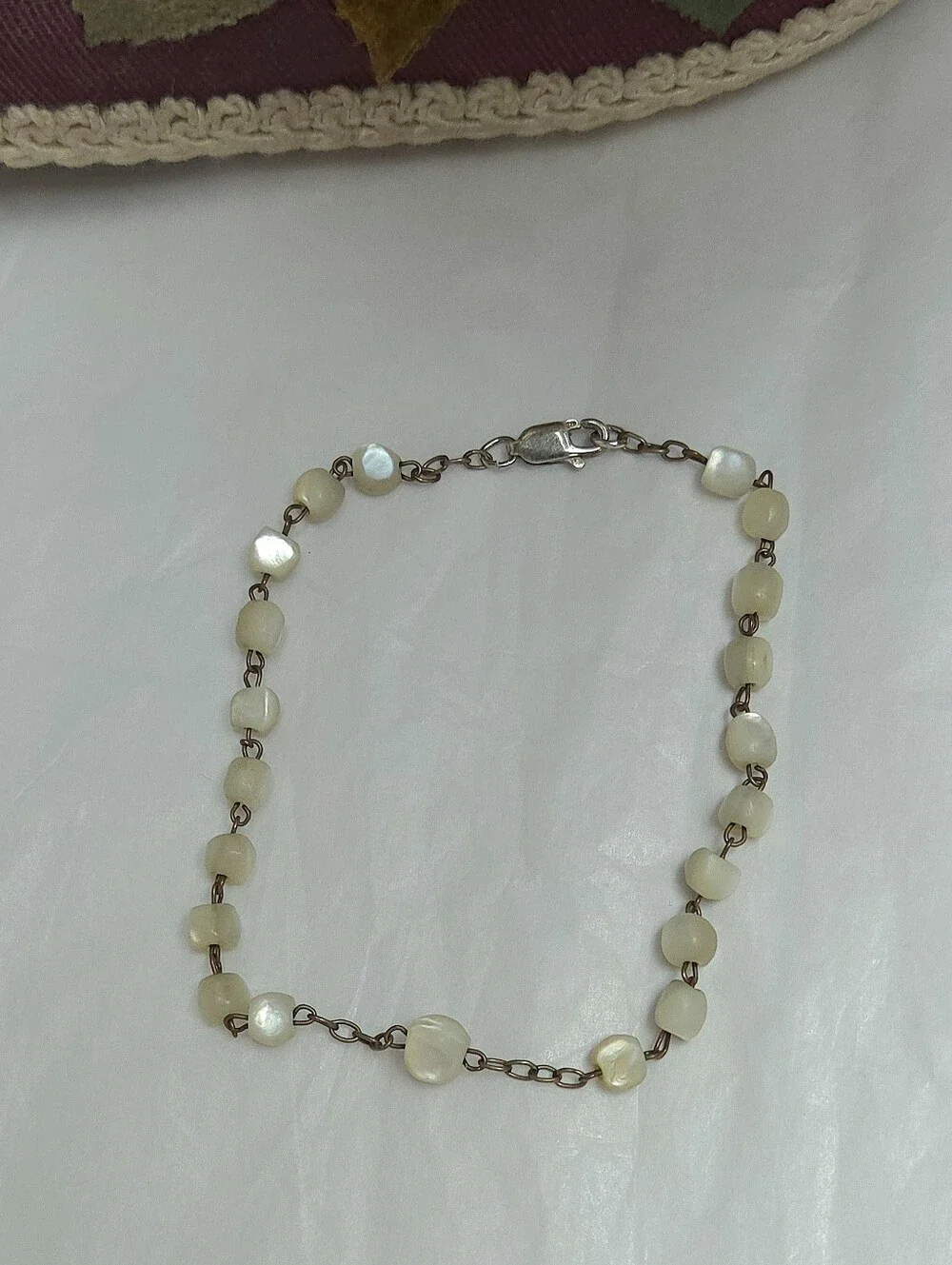 Antique Victorian Balamuti Mother of Pearl Beaded Sterling Silver Bracelet 8 1/4